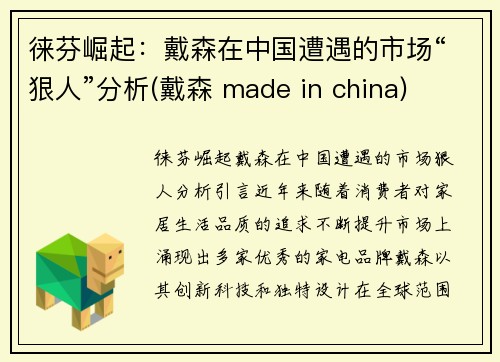 徕芬崛起：戴森在中国遭遇的市场“狠人”分析(戴森 made in china)