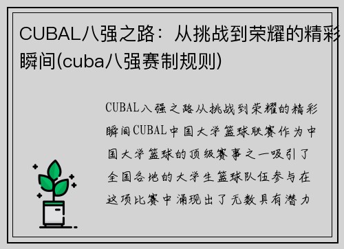 CUBAL八强之路：从挑战到荣耀的精彩瞬间(cuba八强赛制规则)