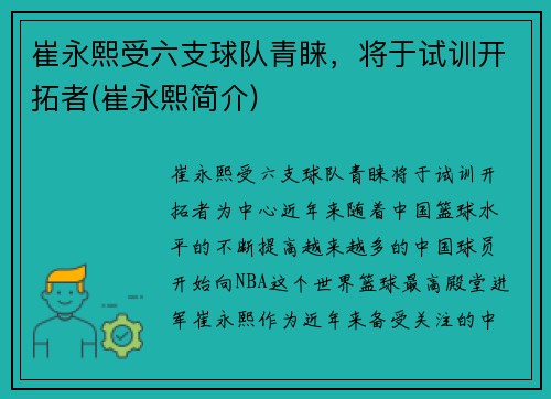 崔永熙受六支球队青睐，将于试训开拓者(崔永熙简介)