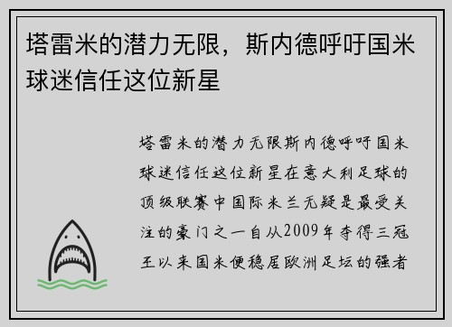 塔雷米的潜力无限，斯内德呼吁国米球迷信任这位新星