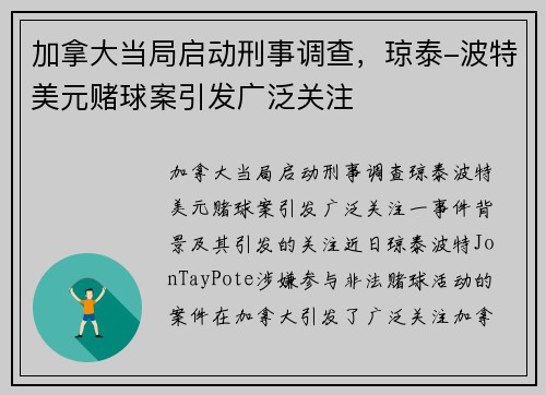 加拿大当局启动刑事调查，琼泰-波特美元赌球案引发广泛关注